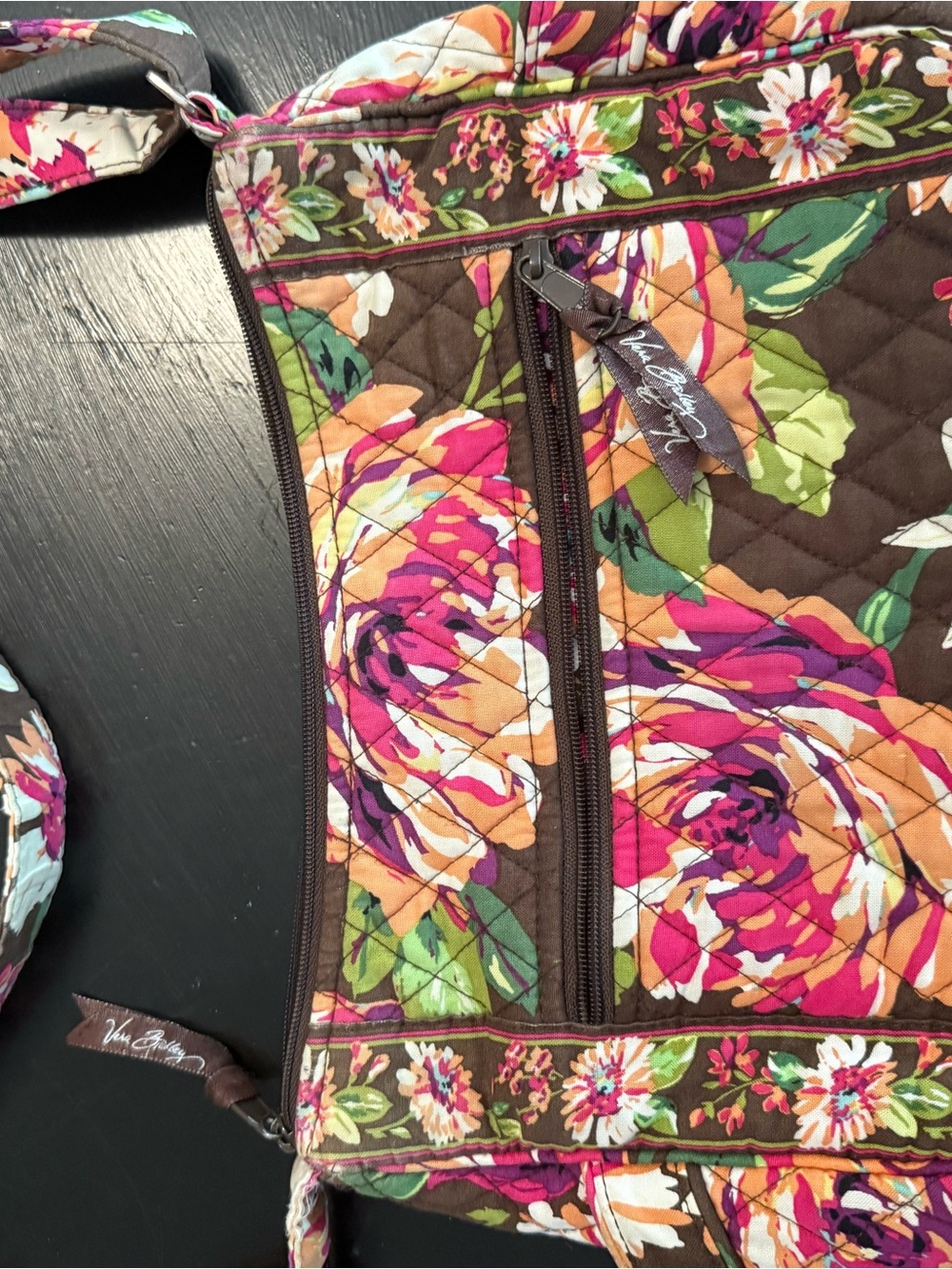 Vera Bradley Brown Floral Quilted Crossbody with Pink & Orange Blooms